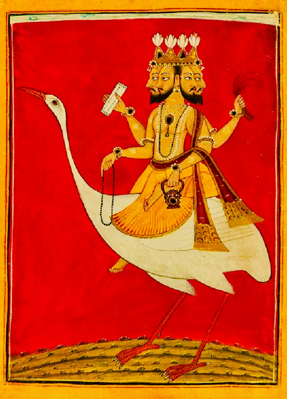 Pintura de 1720 de Brahma montado sobre un hamsa (cisne), escuela Pahari