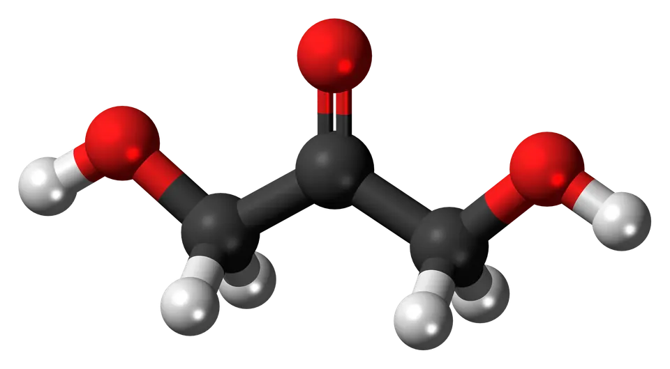 Modelo molecular de la dihidroxiacetona (DHA), el ingrediente activo de los autobronceantes